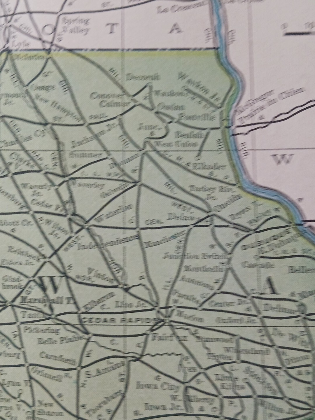 1905 Train Route Map IOWA & MISSOURI all Railroad Lines marked 11″x9″ Stations