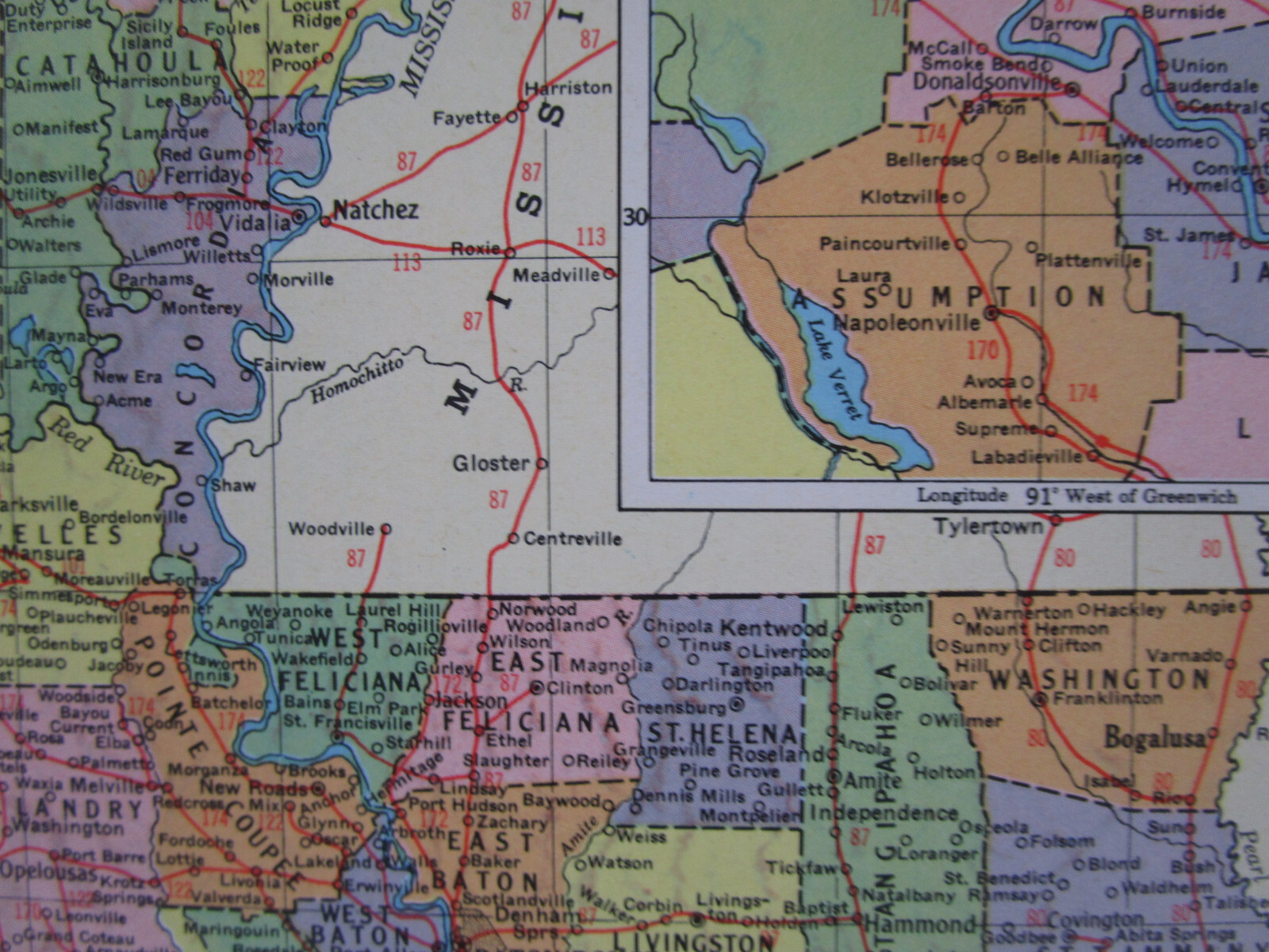 LA ME 1956 LOUISIANA RAILROAD Map. NATCHEZ URANIA & RUSTON RR ~or~ MAINE