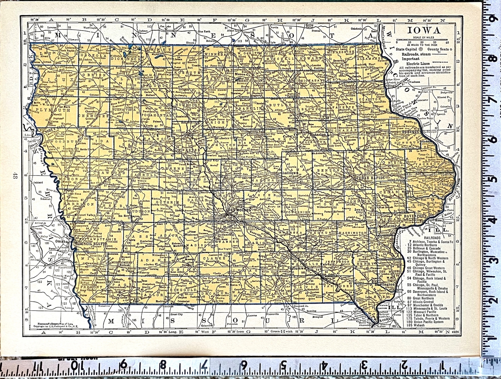 INDIANA & IOWA Original c 1935 County & Railroad Maps. Hammond & Co. 9×12″ VG-F