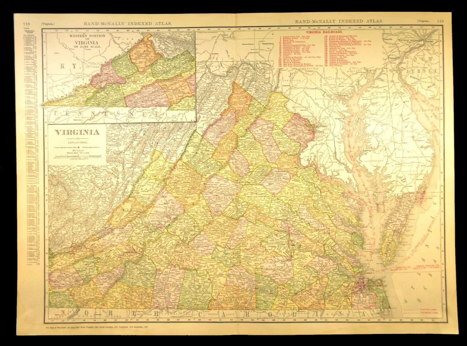 1911 Antique Virginia Railroad Map ORIGINAL Atlas Southern Railway C&O RR DATED