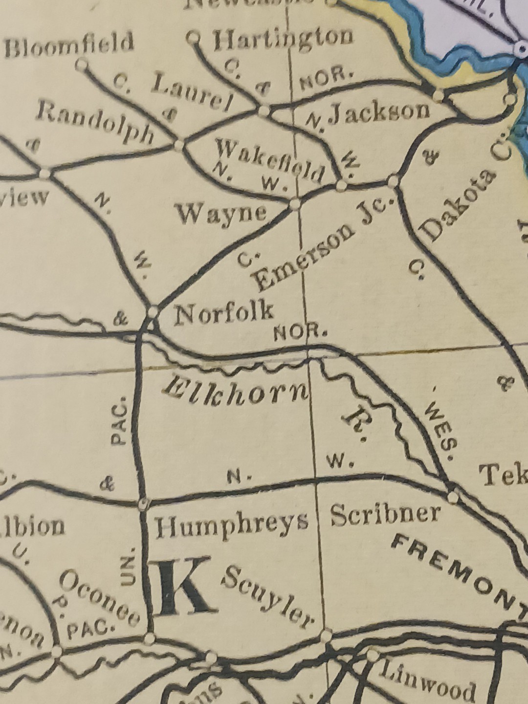1905 Dated Train Route Map NEBRASKA & KANSAS all Railroad Lines marked 11″x9″