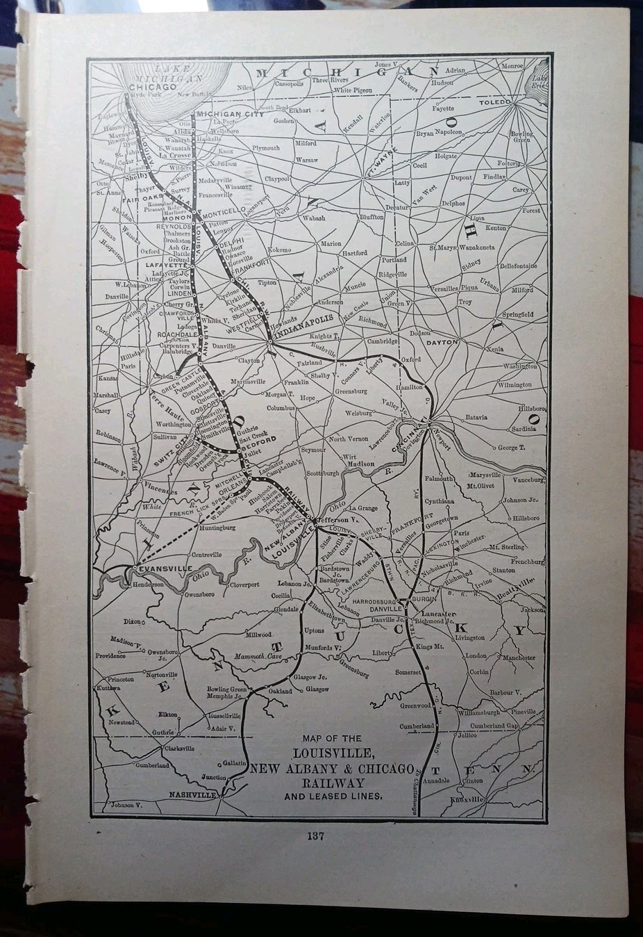 ~1896 Antique Train Route Map LOUISVILLE NEW ALBANY & CHICAGO RAILWAY Indiana RR