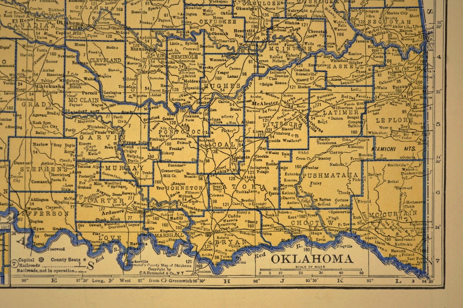 ca1938 OKLAHOMA Railroad Map Depot Towns AT&SF RR Historic Original Atlas Map