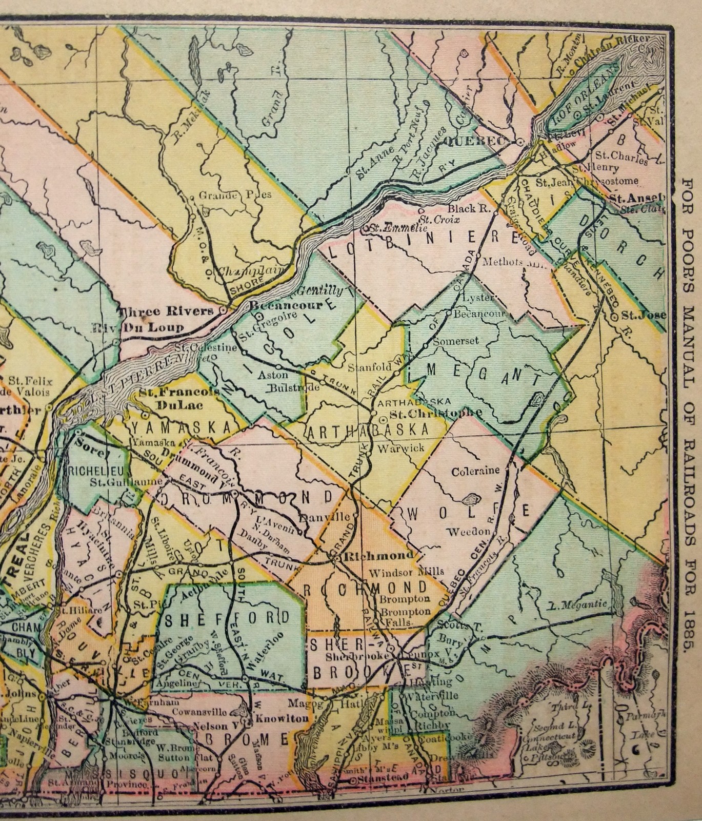 Original 1885 Railroad Map of Quebec, Canada by Rand McNally. Antique