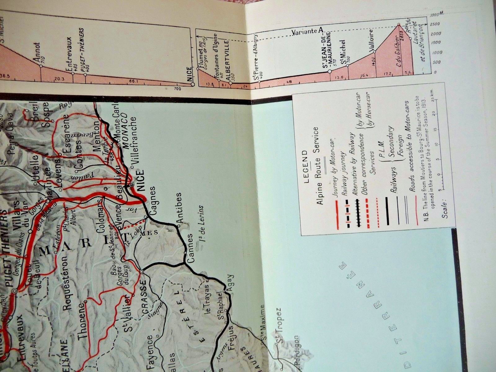 VINTAGE MAP ROUTE DES ALPS LAUSANNE EVIAN THONON NICE BARCELONNETTE FARES 1913