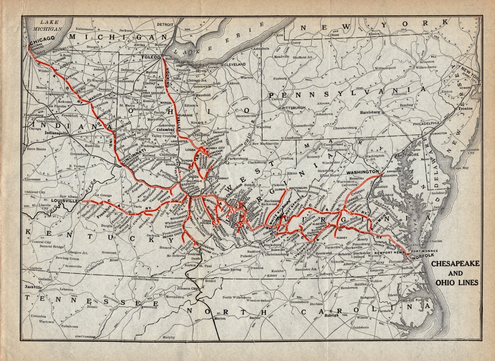 1917 Antique CHESAPEAKE & OHIO Railroad Map Vintage C & O Railway Map 2565