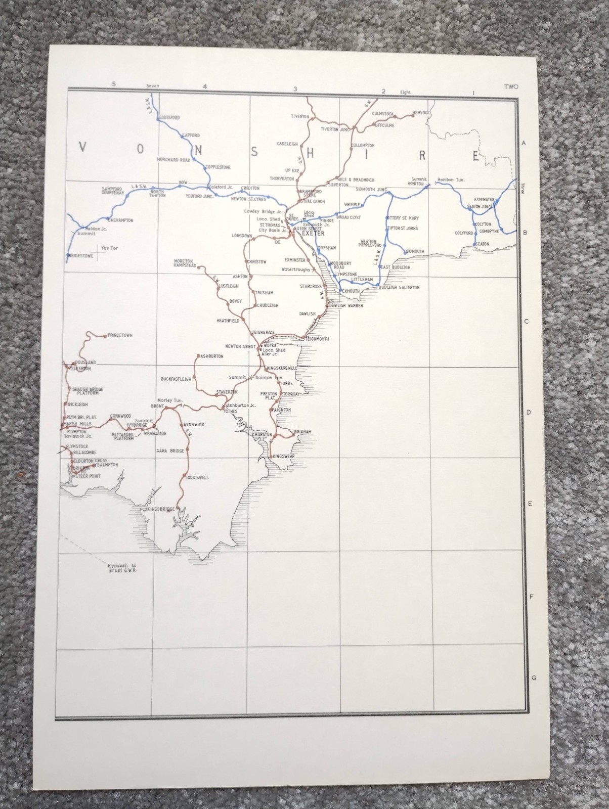Vintage 1980 map showing Pre Grouping Rail Lines of South Devon