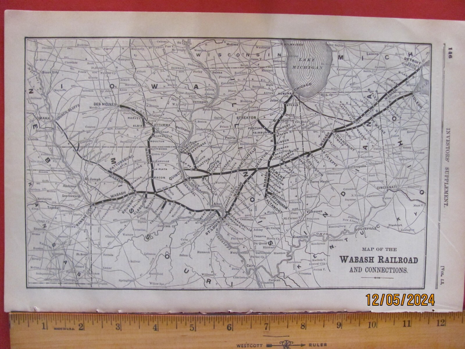 1890 WABASH RAILROAD ORIGINAL SYSTEM ROUTE MAP in OH IN IL MO IA