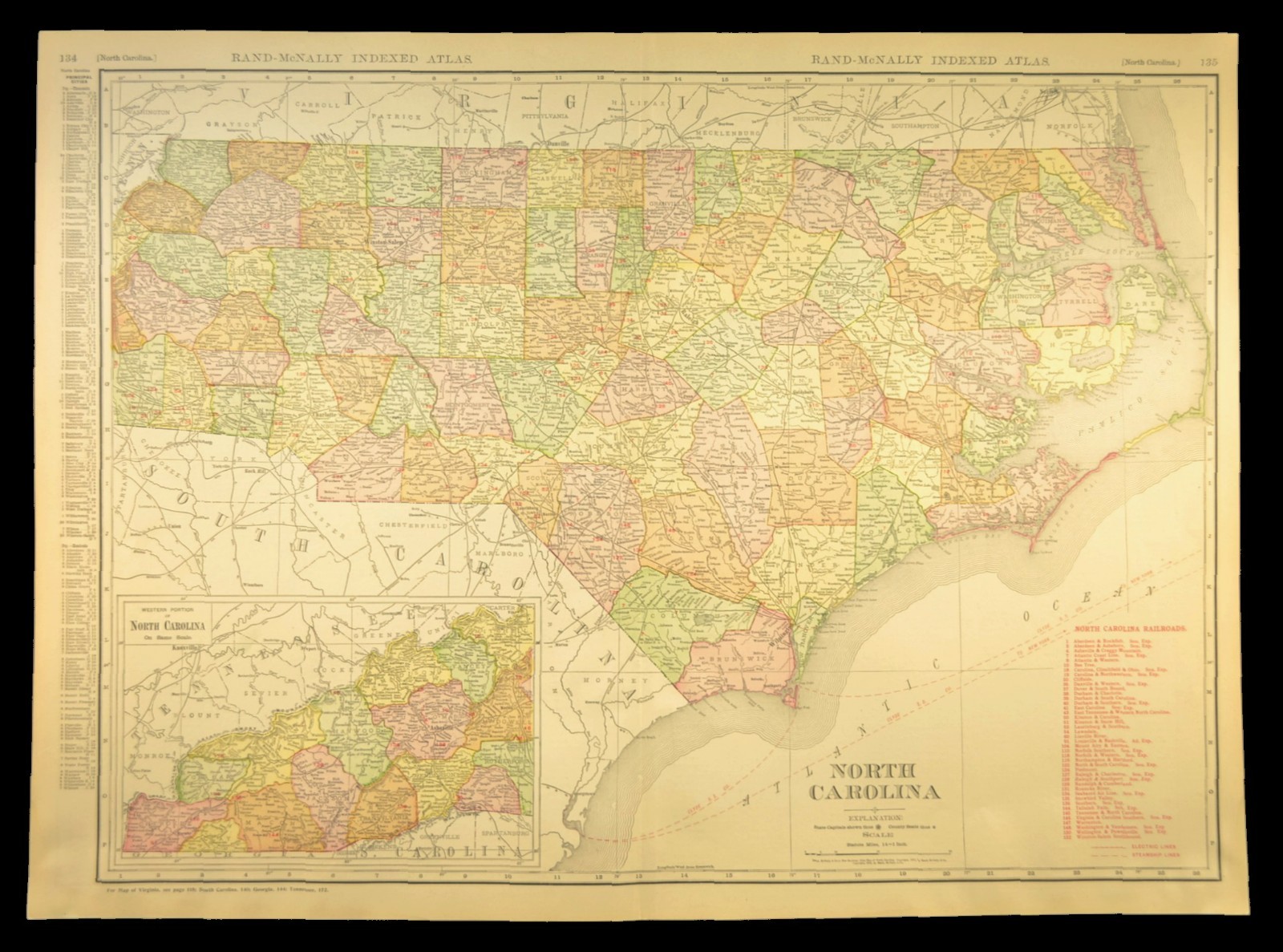 1911 Antique North Carolina Railroad Map ORIGINAL Atlas Southern Railway DATED