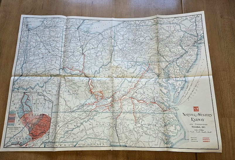 NORFOLK & WESTERN RY LARGE 1917 22 X 32 SYSTEM MAP ORIGINAL ISSUE