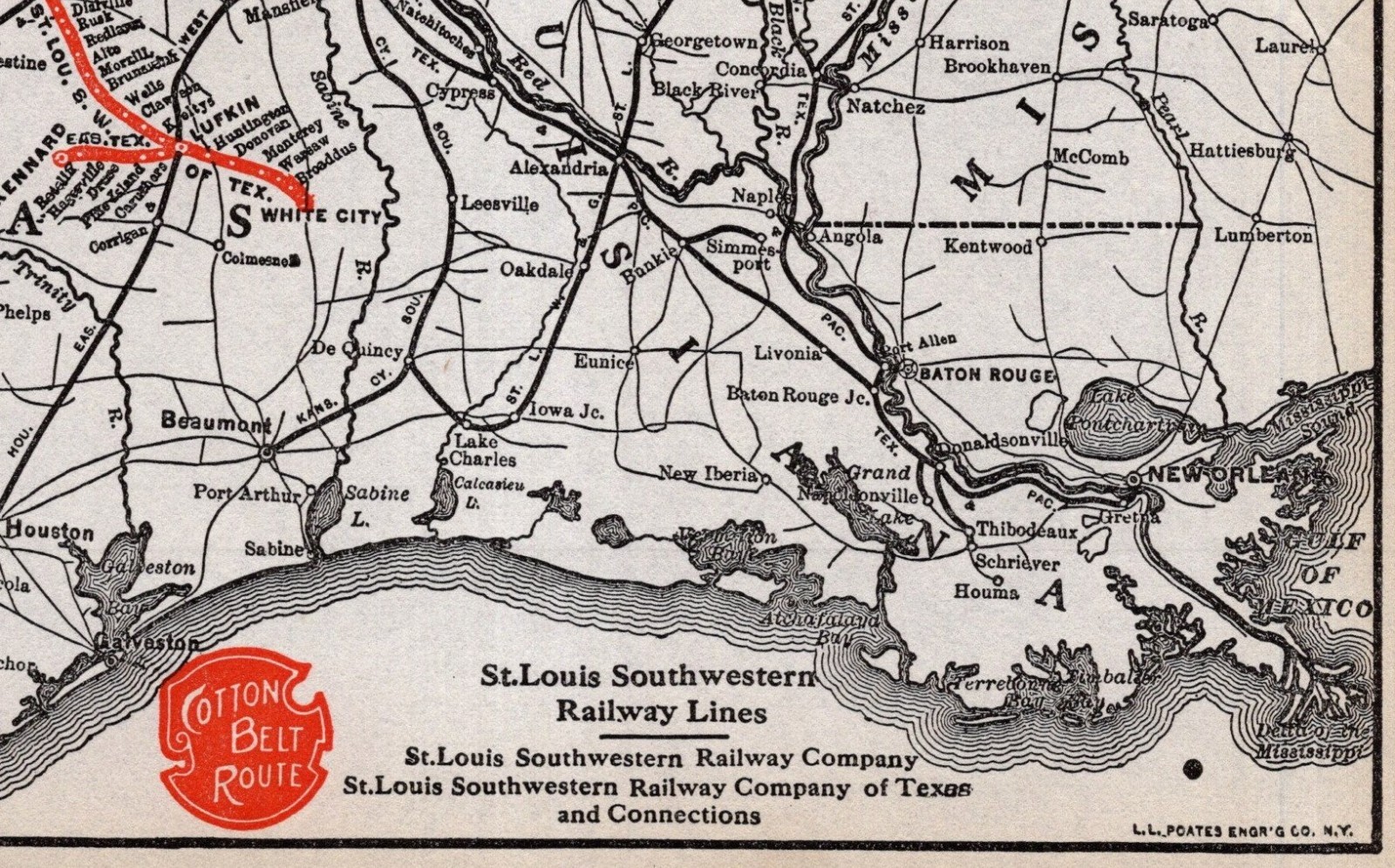 1914 Antique ST LOUIS SOUTHWESTERN RAILWAY Map Cotton Belt Route Map 2802
