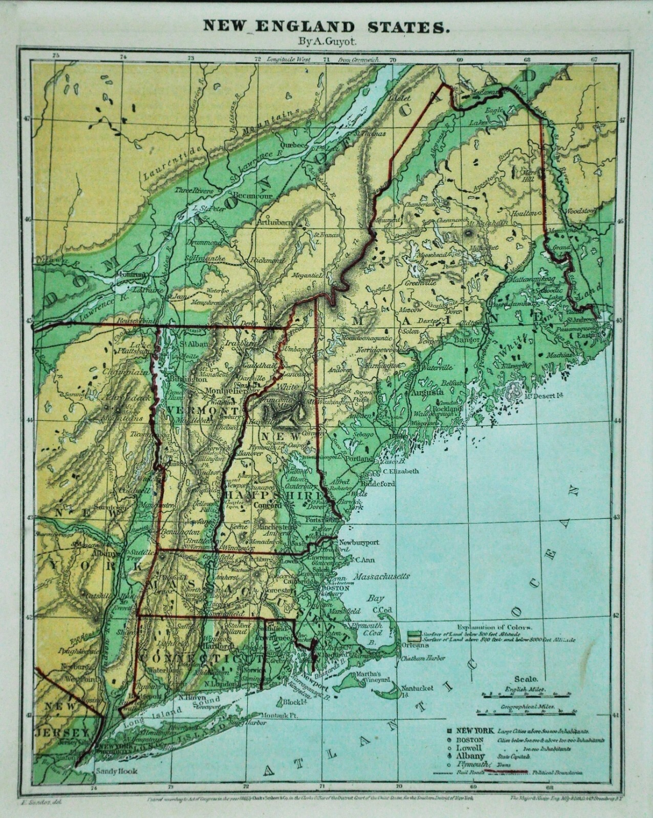 1865 Guyot Physical Map New England States 10 ¾” x 8 ¼” (BI#2100-RA/191108)