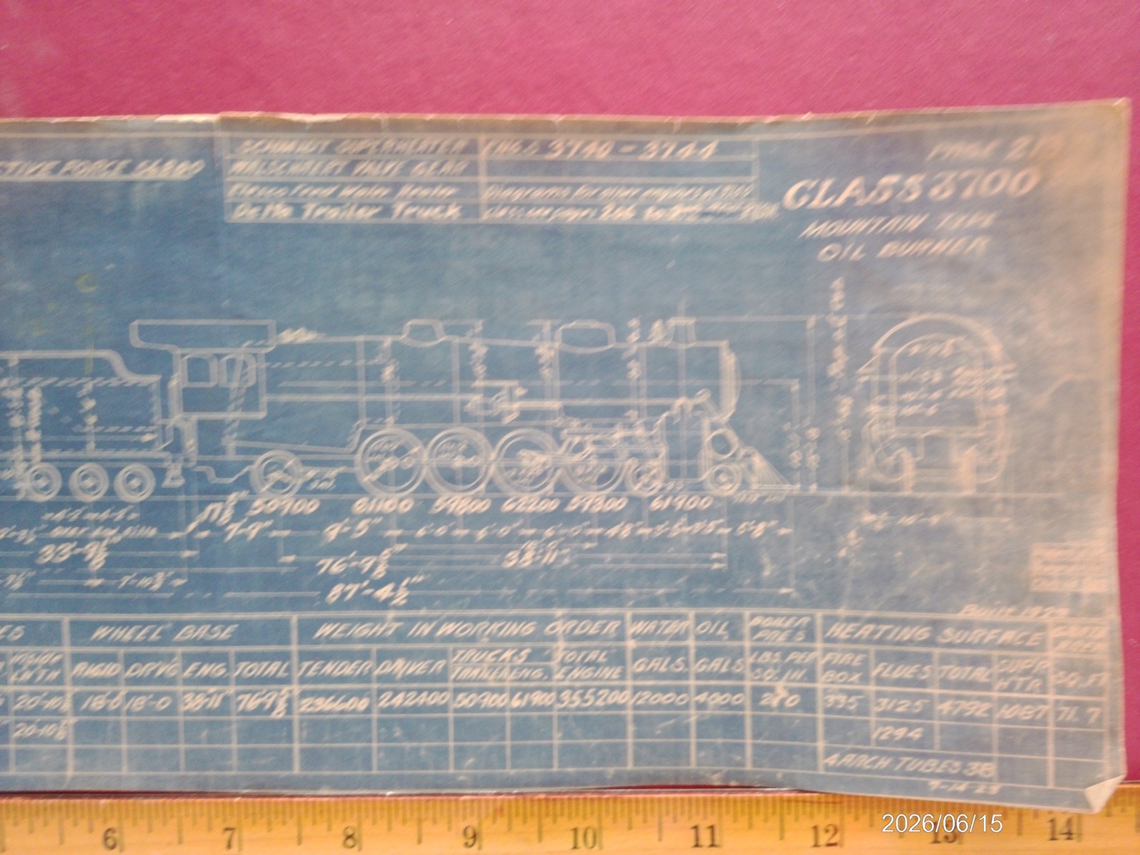 AT&SF RAILROAD ORIG BLUEPRINT DATA DIAGRAM BUILDER PHOTO 4-8-4 LOCOMOTIVE #3700