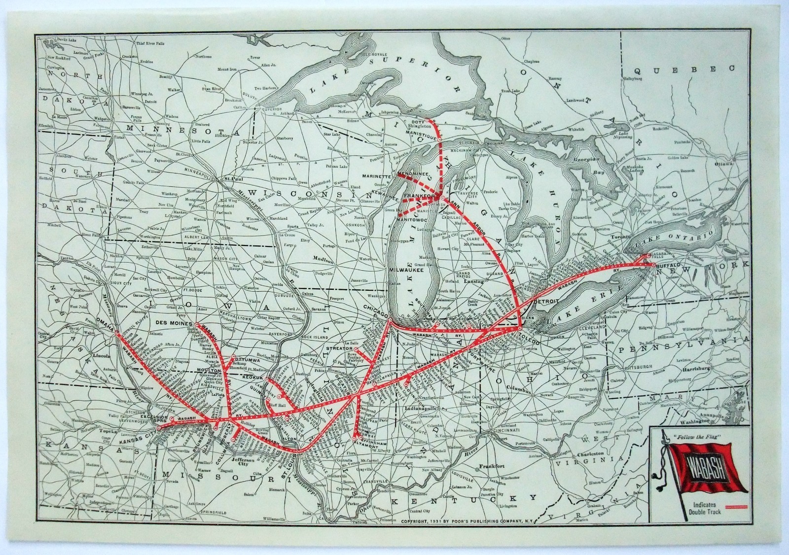 Wabash Railroad – Original 1931 System Map by Poor’s Publishing Co.