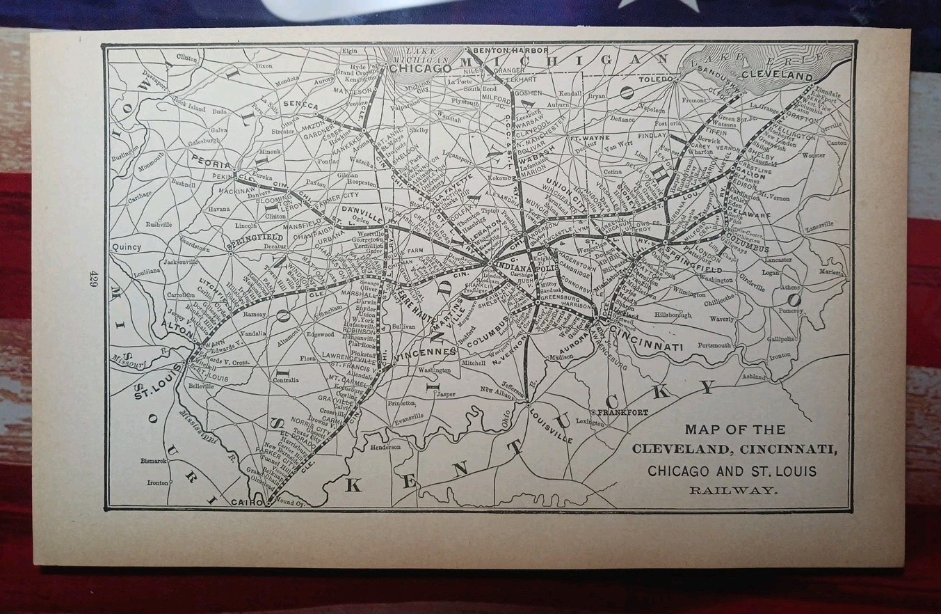 ~1895 Antique Railroad Map CLEVELAND CINCINNATI CHICAGO & ST LOUIS RAILWAY OH IL