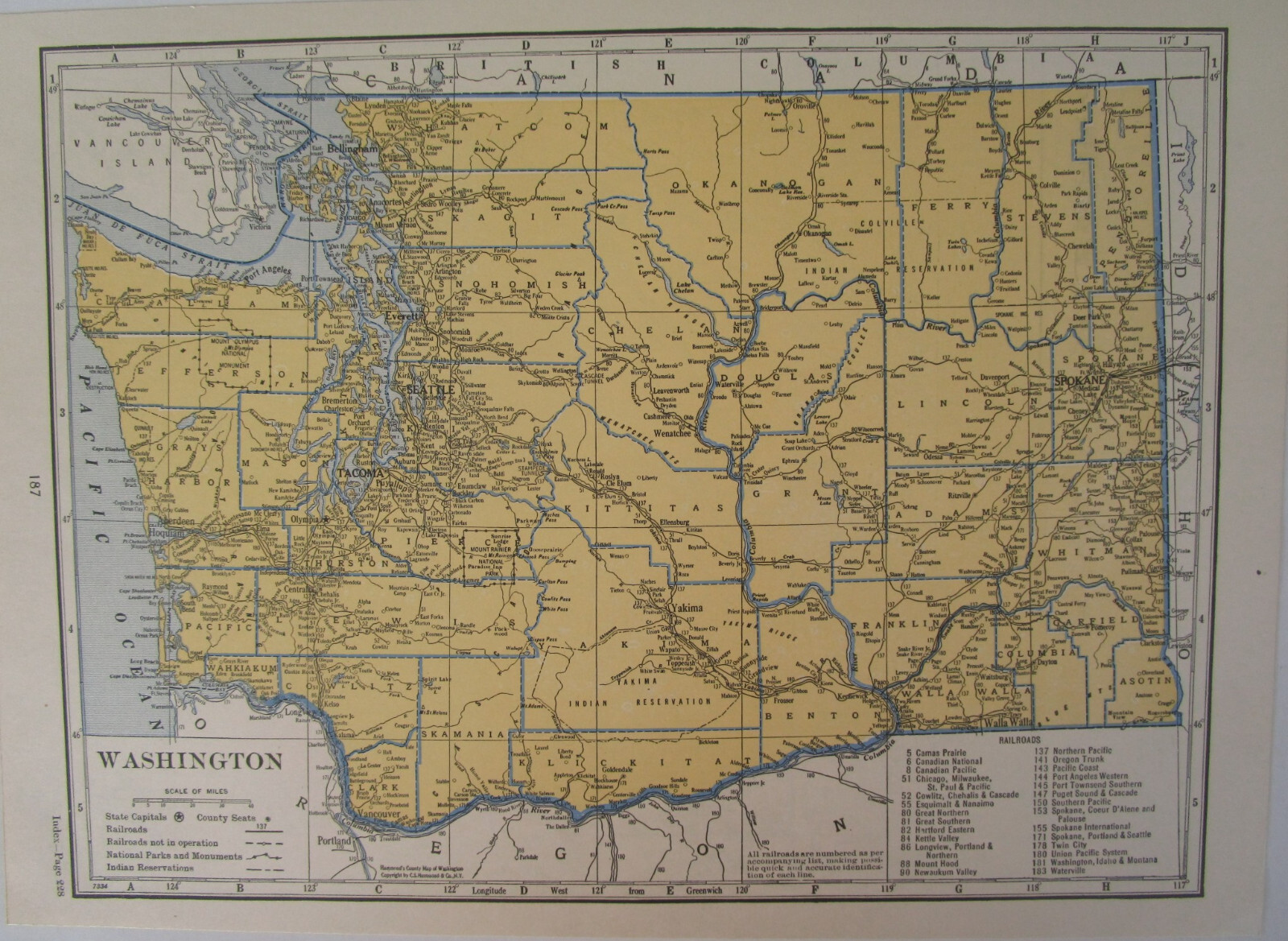 WA WV 1934 WASHINGTON State RAILROAD Map. Twin City RR or WEST VIRGINIA B&O PRR
