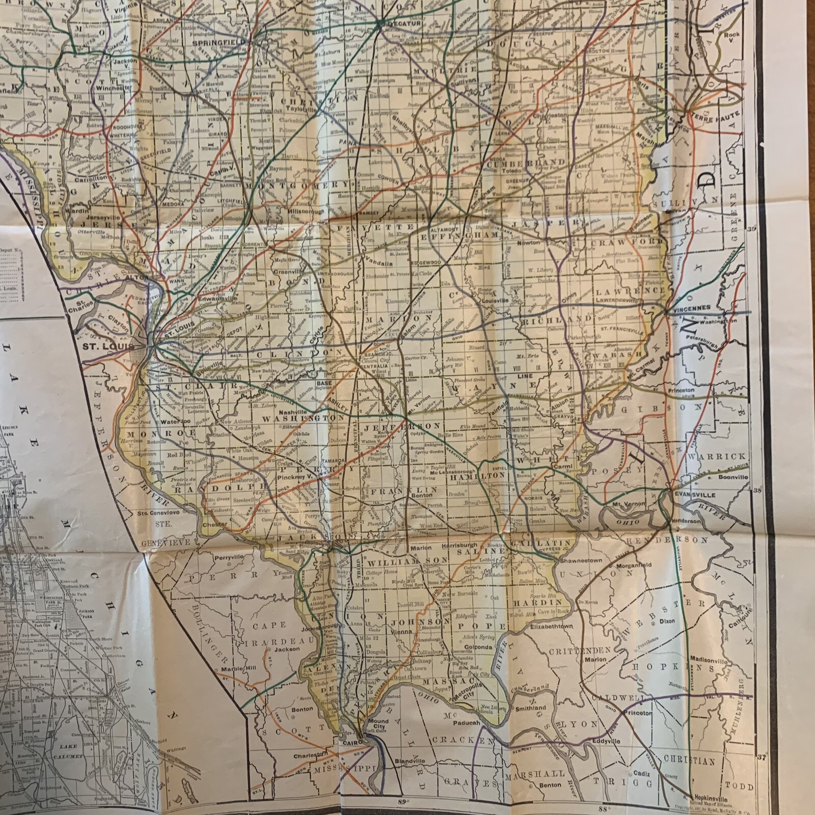 1898 Railroad Commissioners’ Map of Illinois / Chicago. 32″ x 20 1/2″.