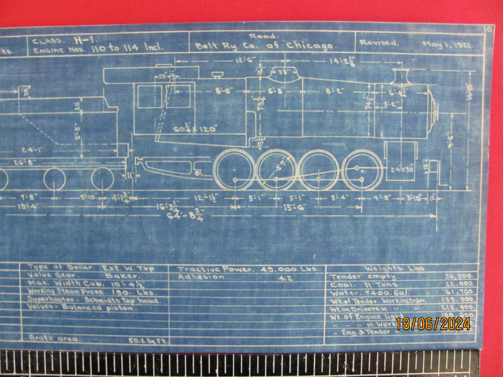 BELT RAILWAY OF CHICAGO 0-8-0 H-1 LOCOMOTIVES #110 – #114 BLUEPRINT DATA DRAWING