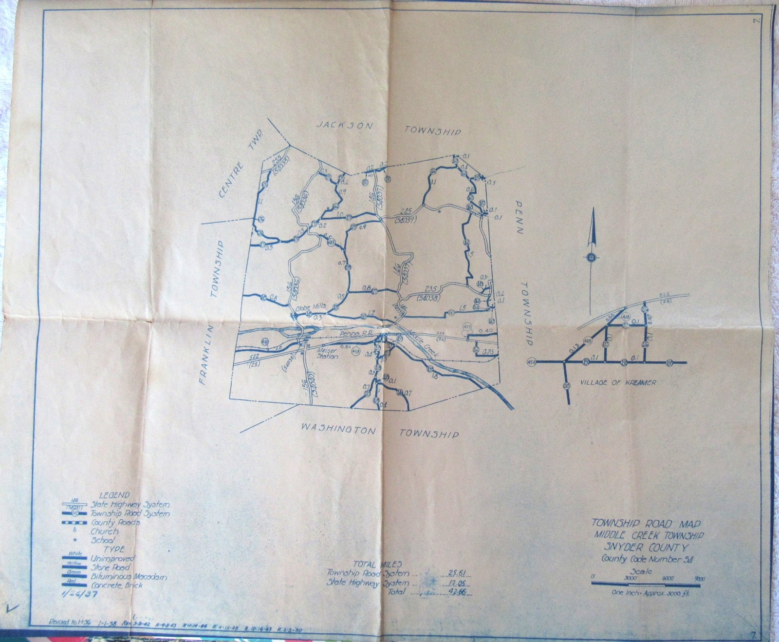 1950 PRR Map Middle Creek Township Kreamer PA Railroad Road Highway Map Route US