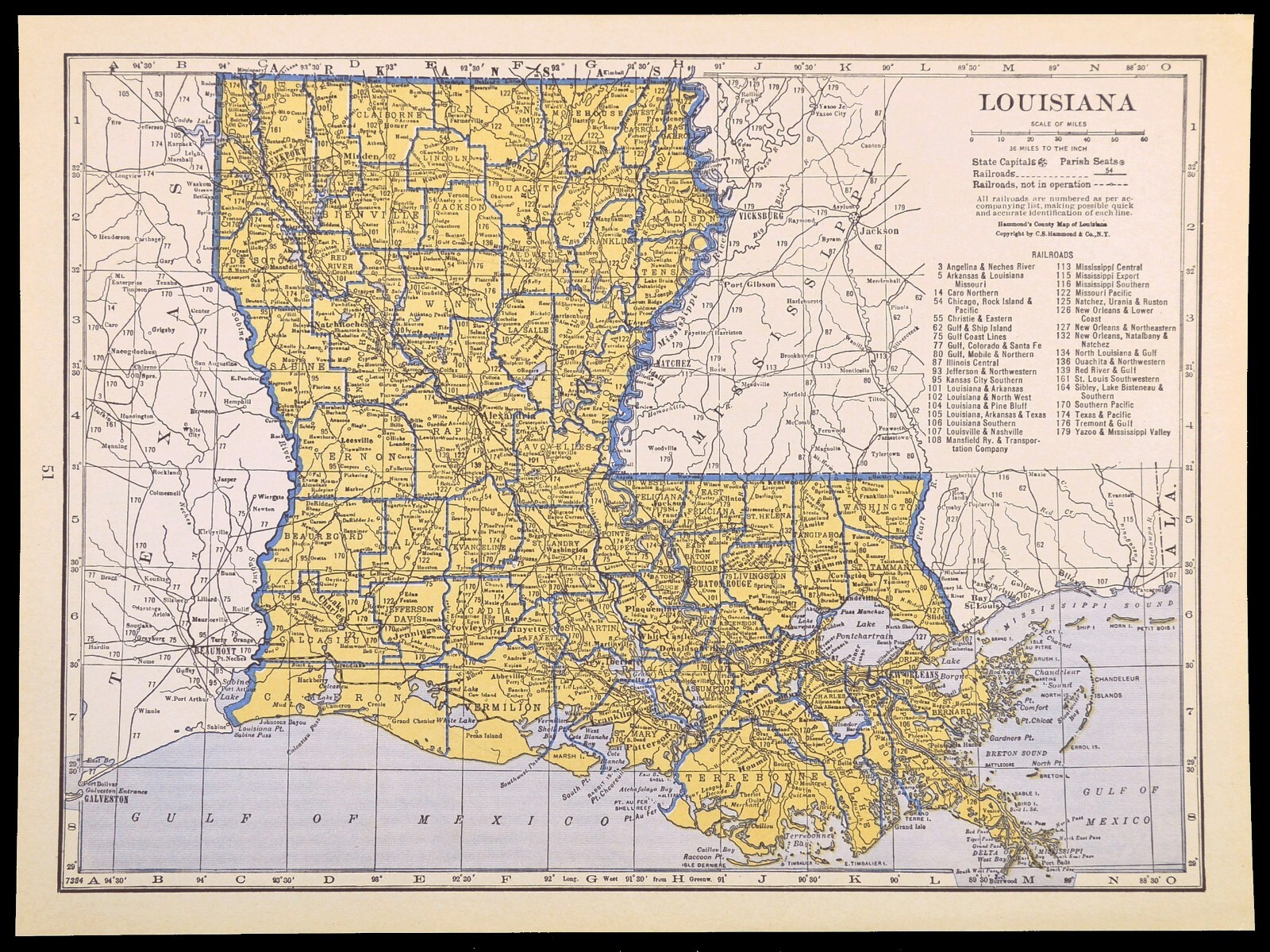 ca1939 LOUISIANA Railroad Map Original Atlas Map Depot Towns IC RR Historic