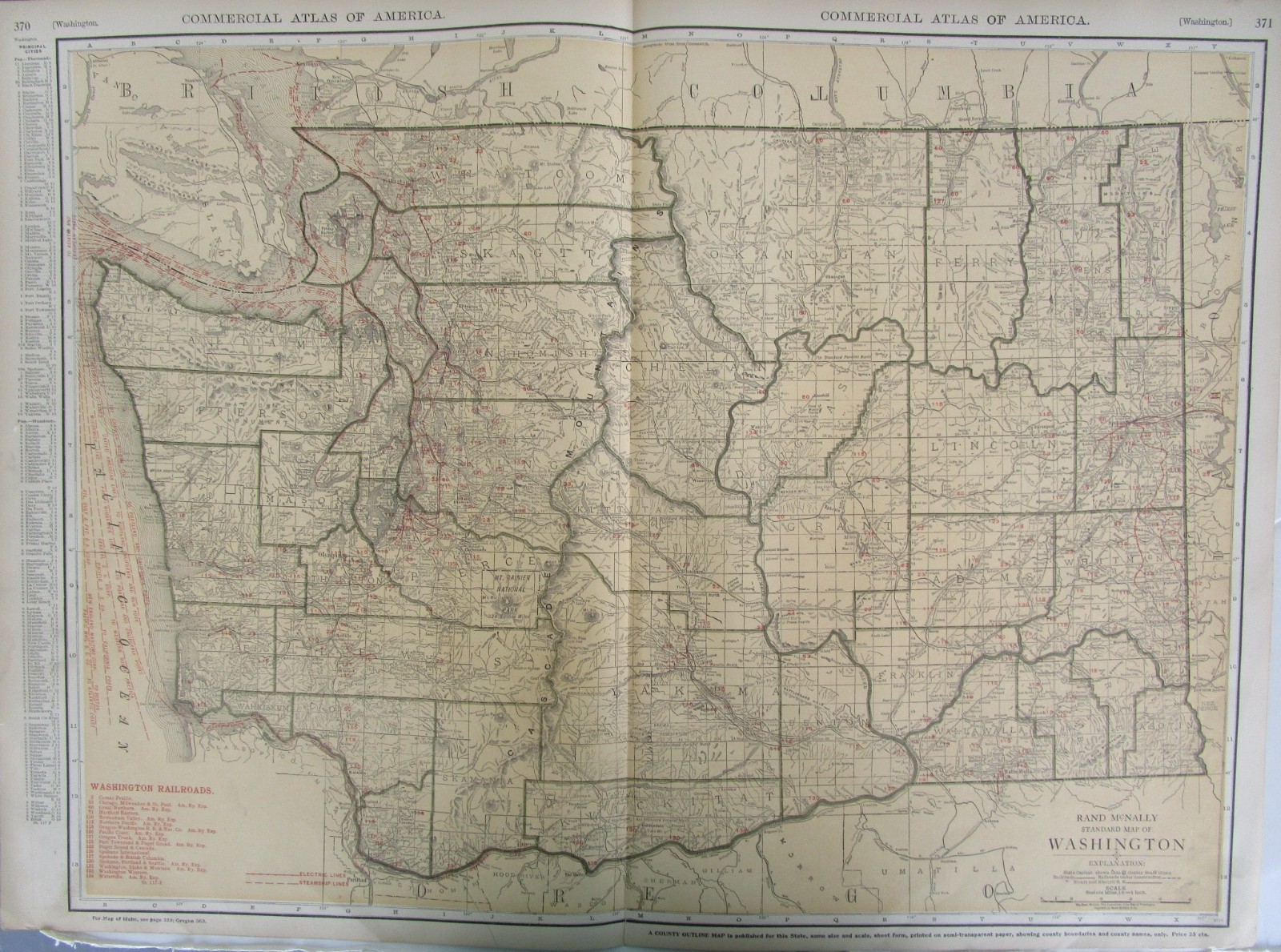 WA 1921 WASHINGTON State STEAM / INTERURBAN ELECTRIC RAILROAD / STEAMSHIP Map