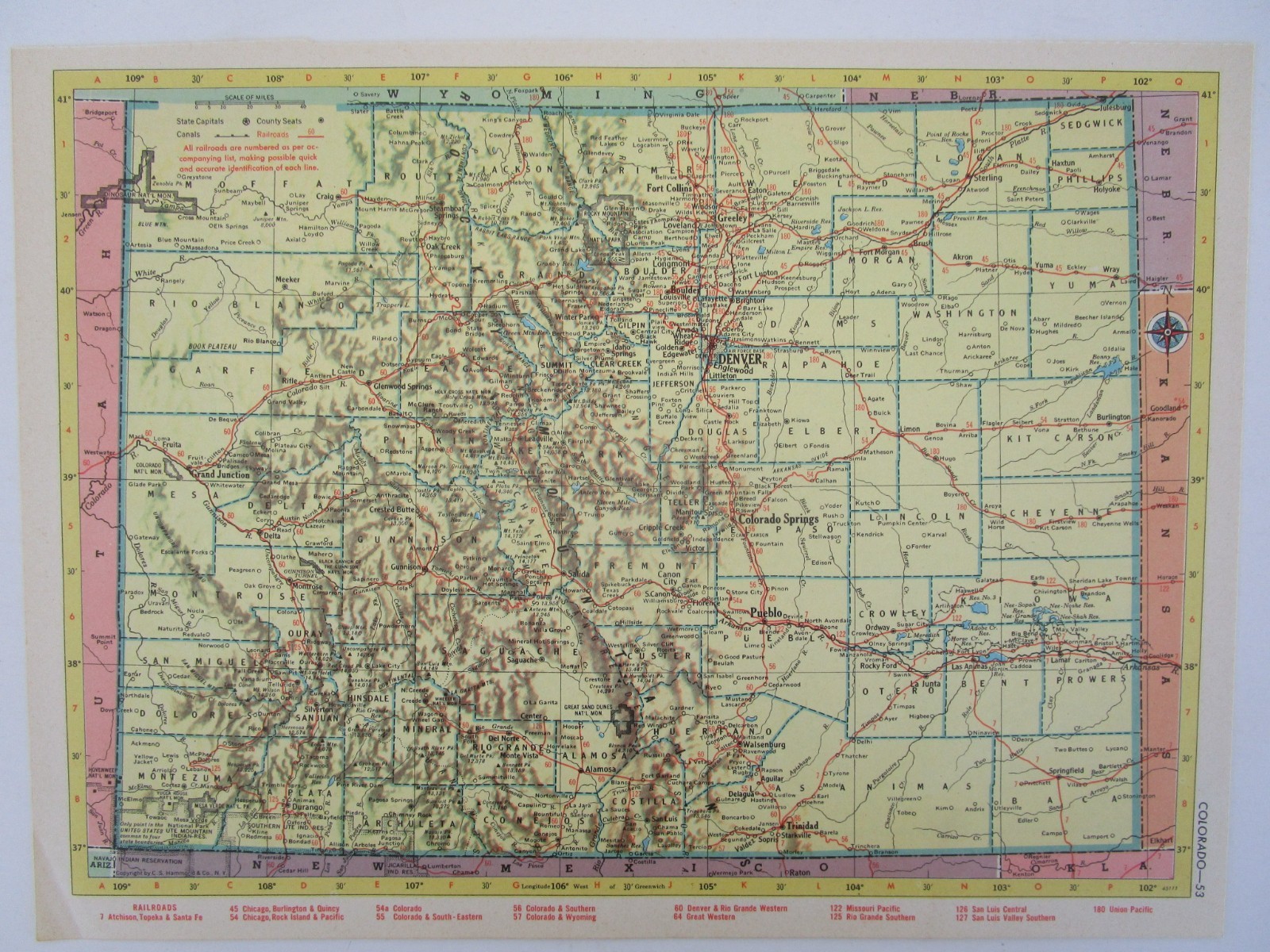 CO CT 1952 COLORADO TOPO RAILROAD Map SAN LUIS VALLEY CENTRAL RR or CONNECTICUT