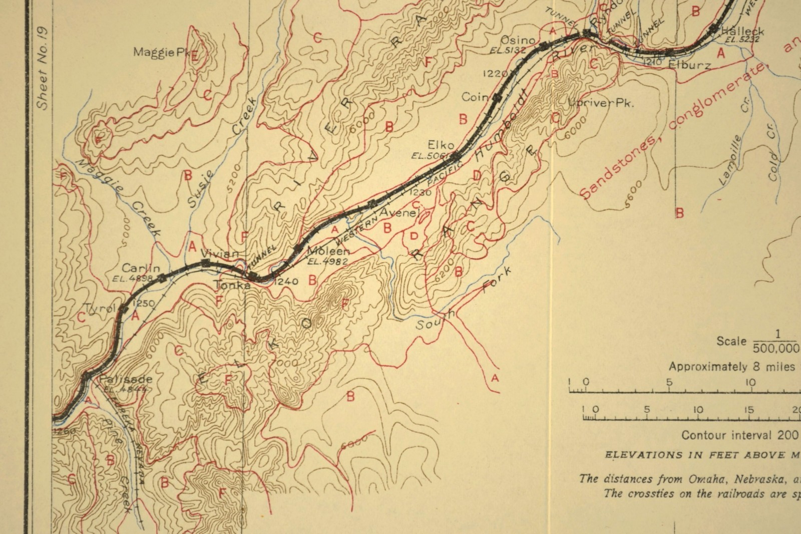 1915 Antique Central Pacific Railroad Map Elko Nevada Carlin Canyon Geological