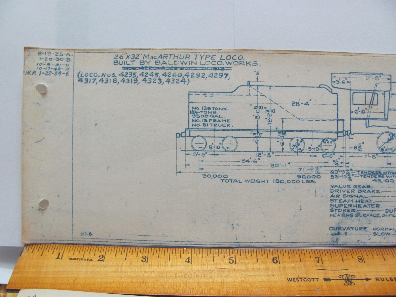 BALTIMORE & OHIO RAILROAD ORIG BLUEPRINT DATA DIAGRAM Q-1C LOCOMOTIVE #4317-4324