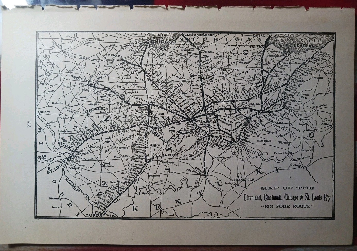 ~1898 Railroad Train Route Map CLEVELAND CINCINNATI CHICAGO & ST LOUIS RAILWAY