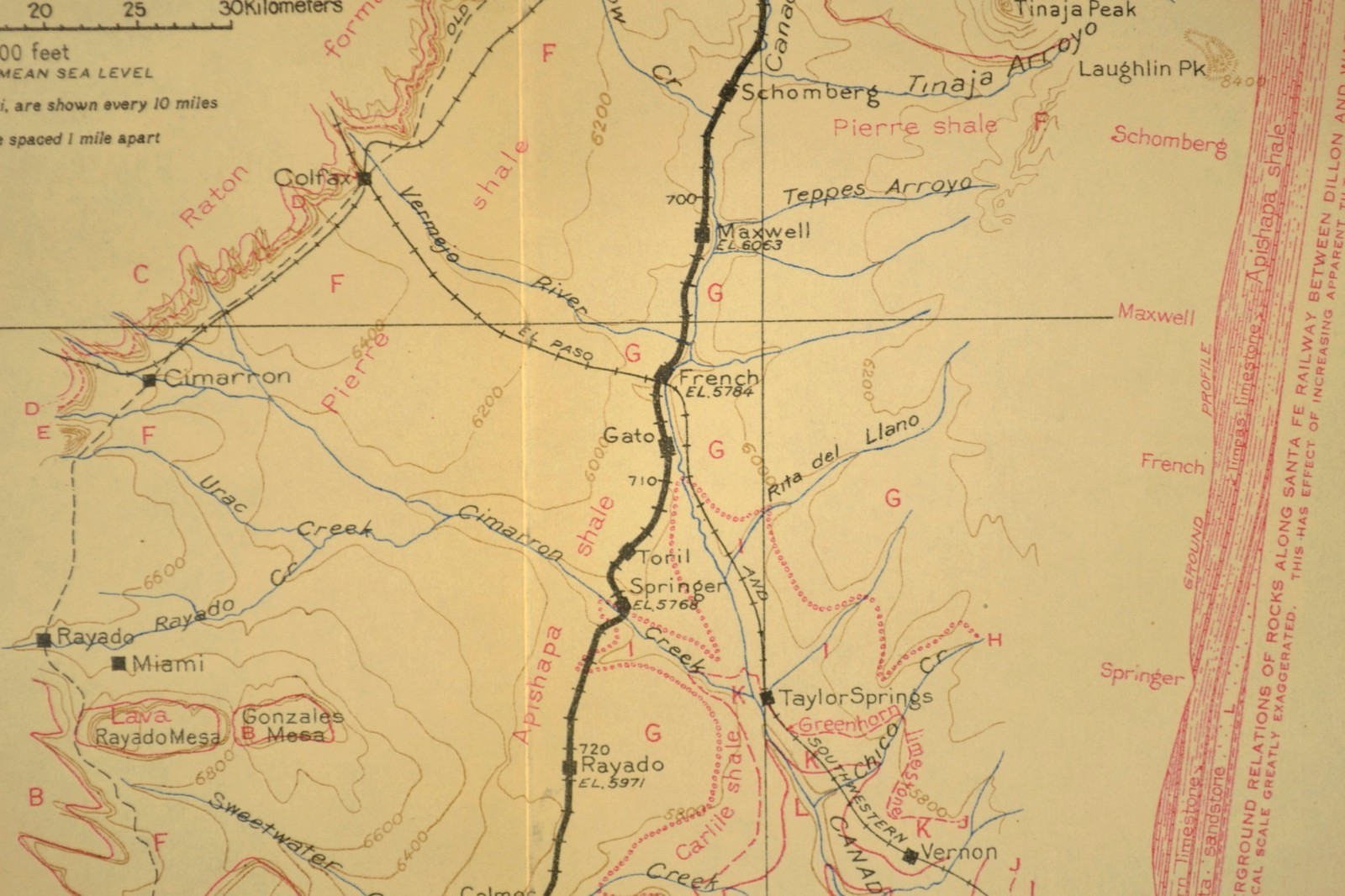 1915 Antique Santa Fe Railroad Map Line Rayado New Mexico Cimarron NM Geological