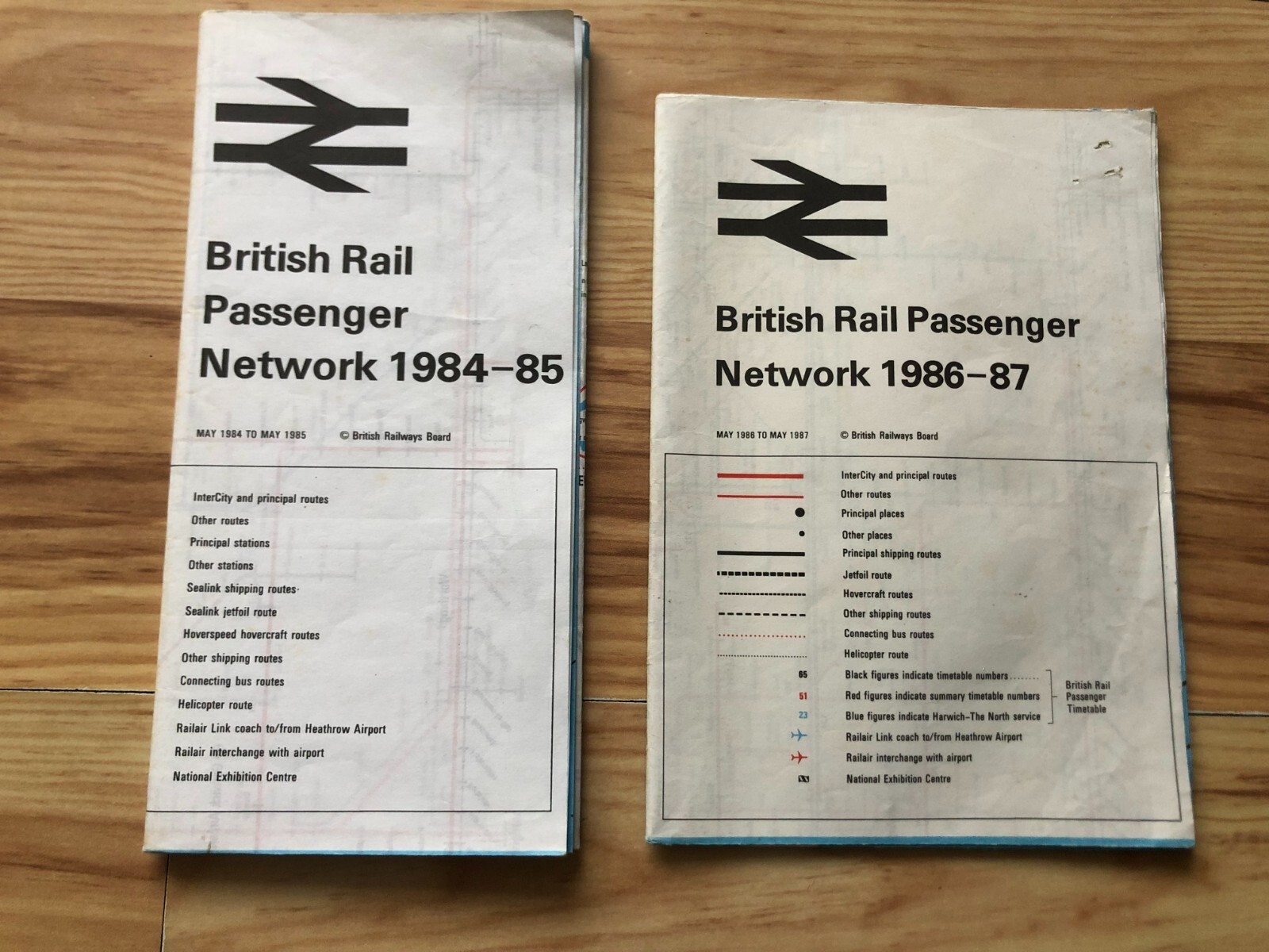 Two British Rail Passenger Network fold-out maps; 1984-85 & 1986-87