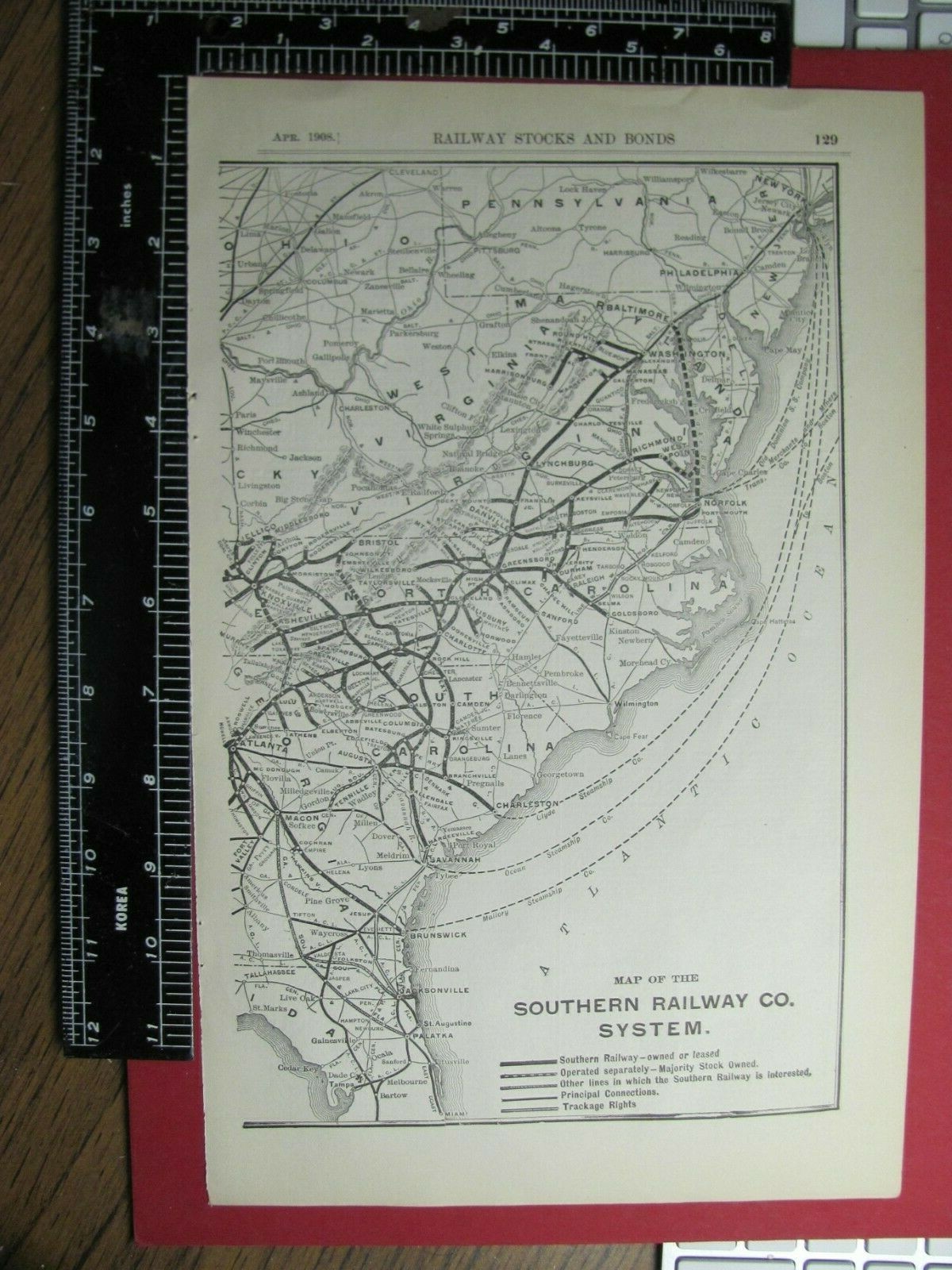 ORIG 1908 SOUTHERN RAILROAD SYSTEM MAP RR ROUTE in FL AL MS TN SC NC VA KY MD