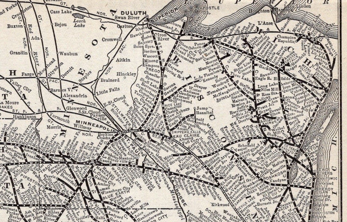 1909 Antique Chicago & Northwestern Union Pacific Railroad Map 2527