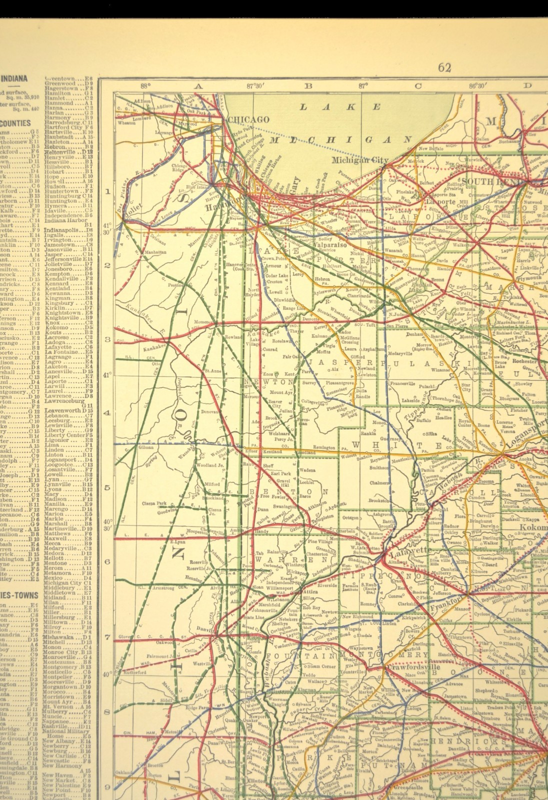 1914 Antique Map of INDIANA Railroads Map ORIGINAL Atlas Map CCC & St L Ry DATED