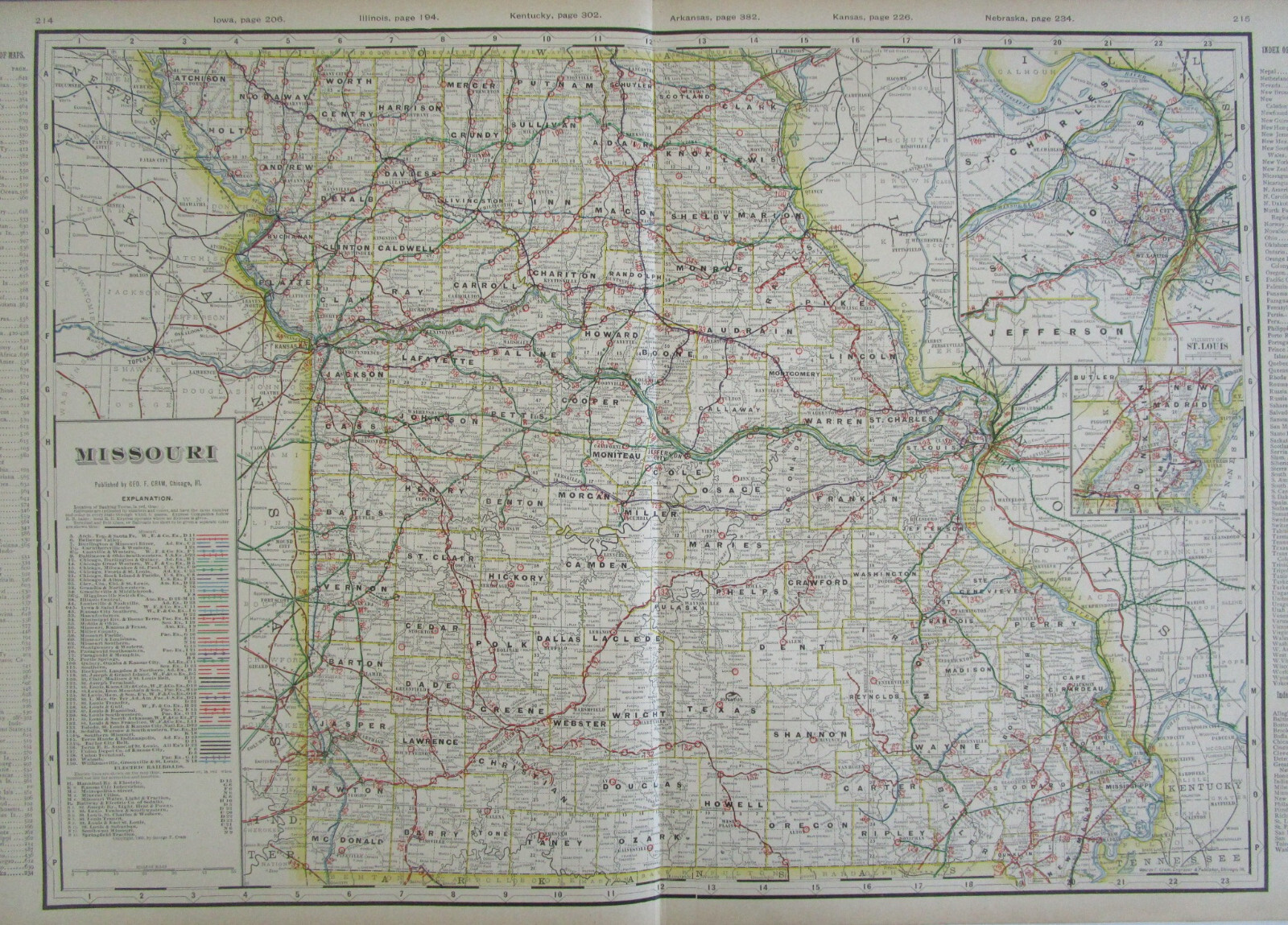 MO 1903 MISSOURI RAILROAD Map. George Cram STEAM + INTERURBAN. PERTLE SPRINGS RR