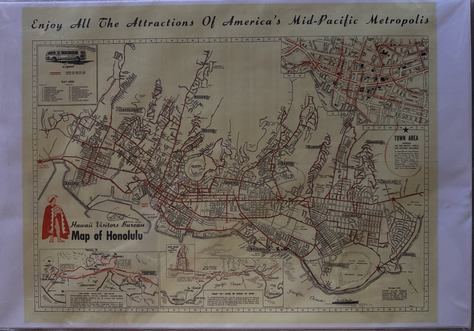 Honolulu Rapid Transit Co. (Hawaii) System Map 1960, Reproduction, 13×19 Print