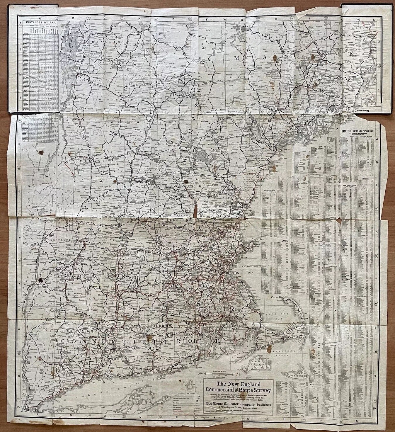 Antique 1907 New England Commercial & Route Survey Rail Road Electric Roads Map