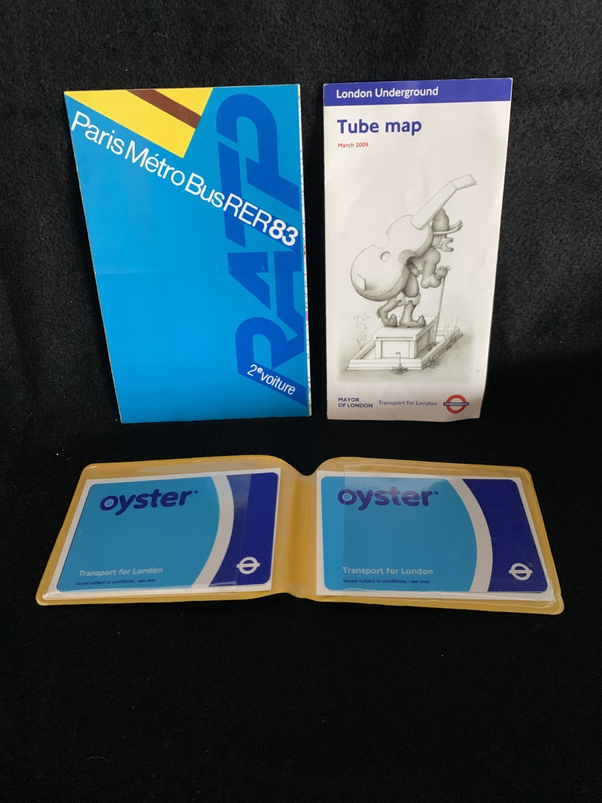 Paris/London Transit Ephemera (’83 Paris Bus Map, ’09 Tube Map, 2 Oyster Cards)