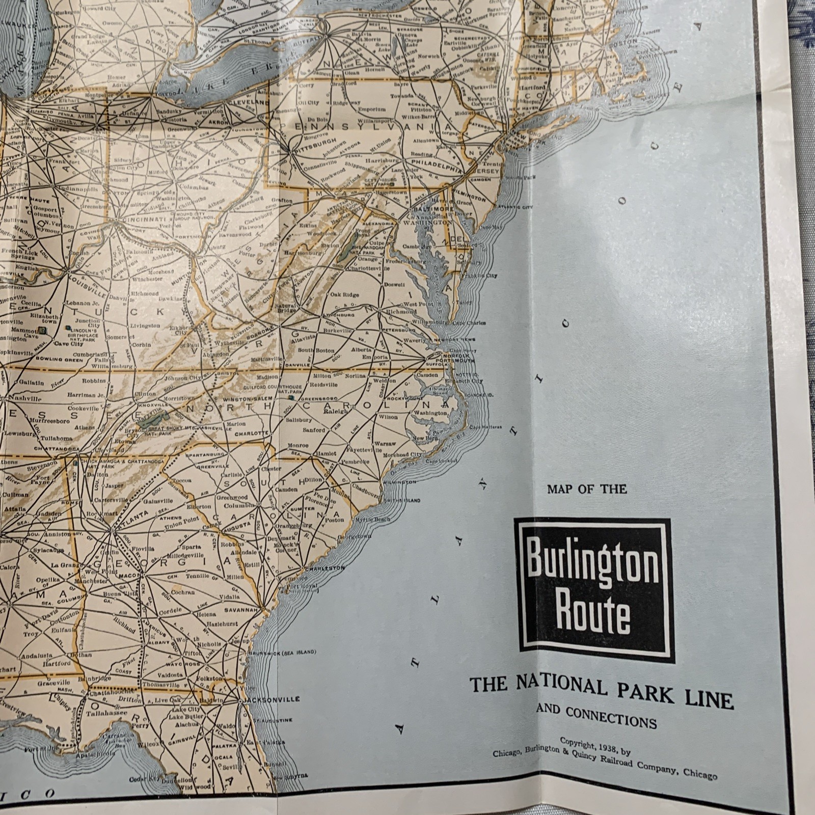1938 United States Railroad Map Guide Burlington Route Vintage 36×19” USA Large
