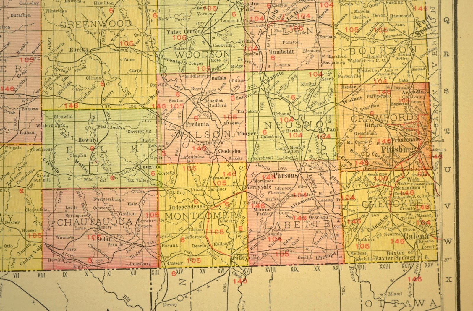 1911 Antique Kansas Railroad Map ORIGINAL Atlas Map DATED