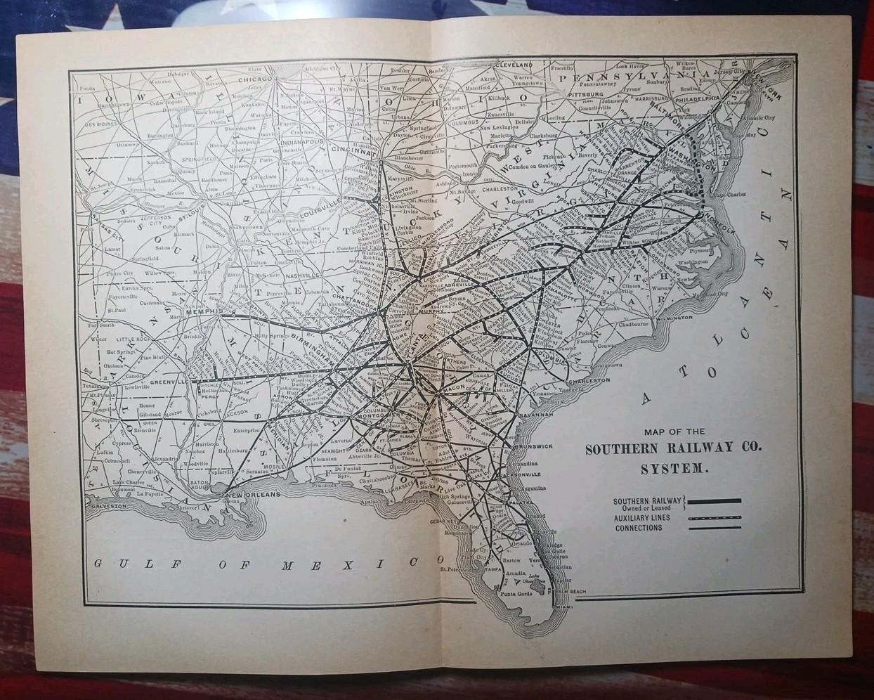 ~1898 ANTIQUE Railroad Map SOUTHERN RAILWAY SYSTEM Train Route All Lines 9″x11″