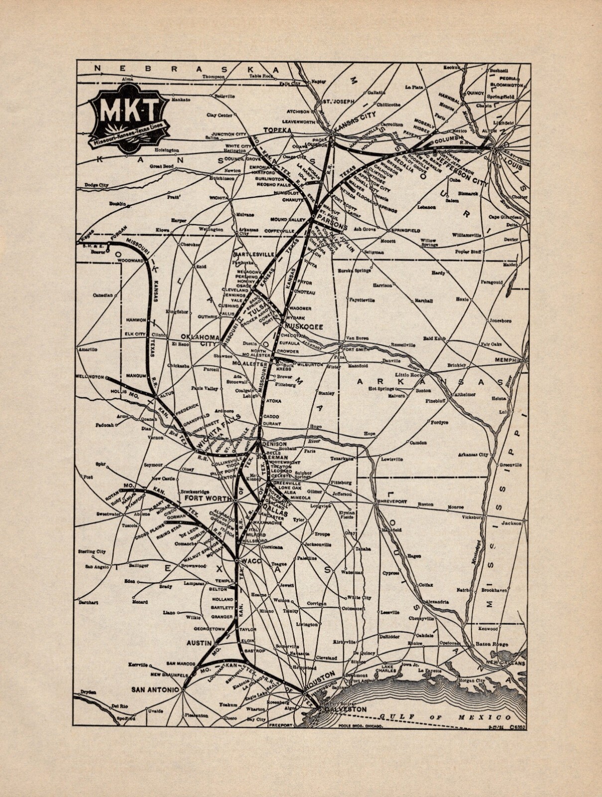 1924 Antique MKT Railroad Map Missouri Kansas Texas Lines Railroad Map 2093