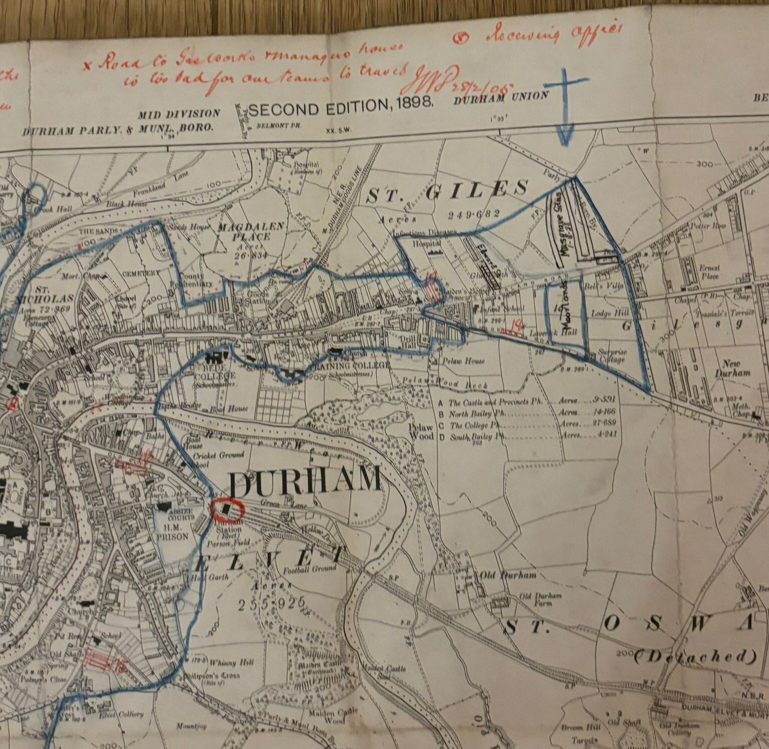 NER Durham Map 1898 Railway Parcels delivered Handwritten Nevilles Cross 1905
