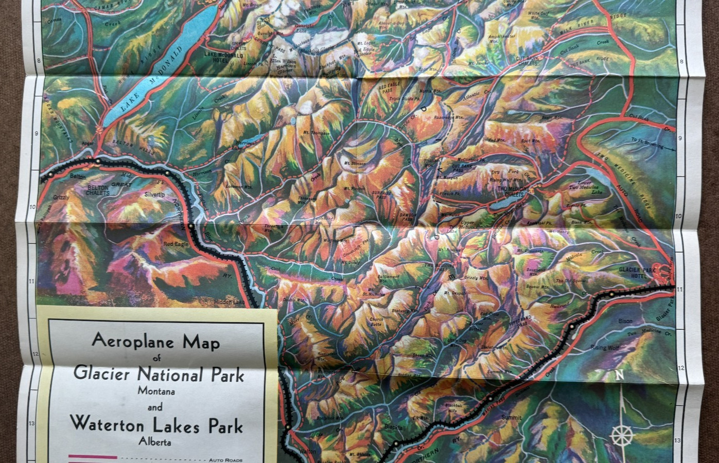Vintage ca 1930s Great Northern Railway Aeroplane Map of Glacier National Park