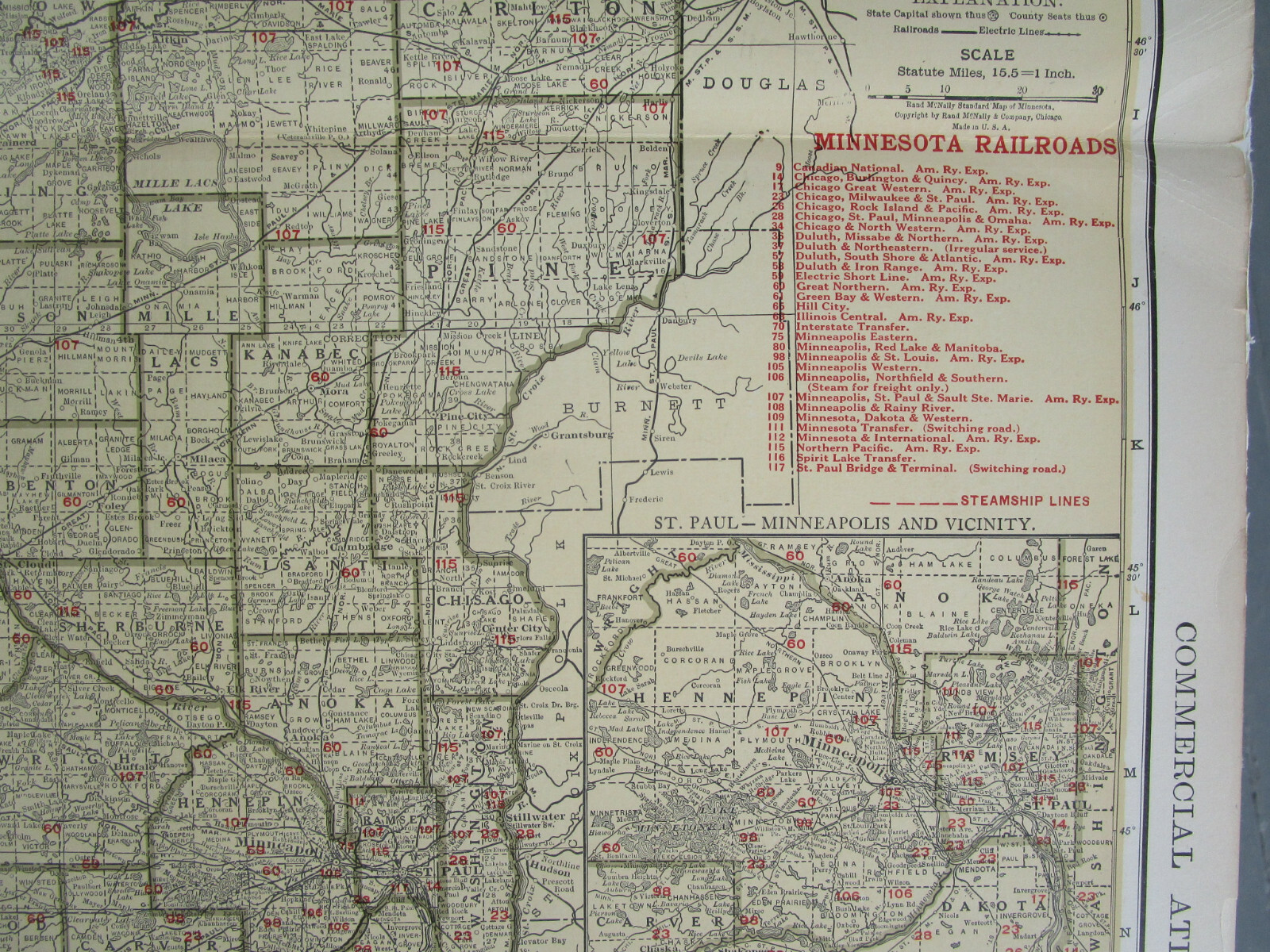 MN 1924 MINNESOTA STEAM RAILROAD Map. SPIRIT LAKE TRANSER RR; HILL CITY RR