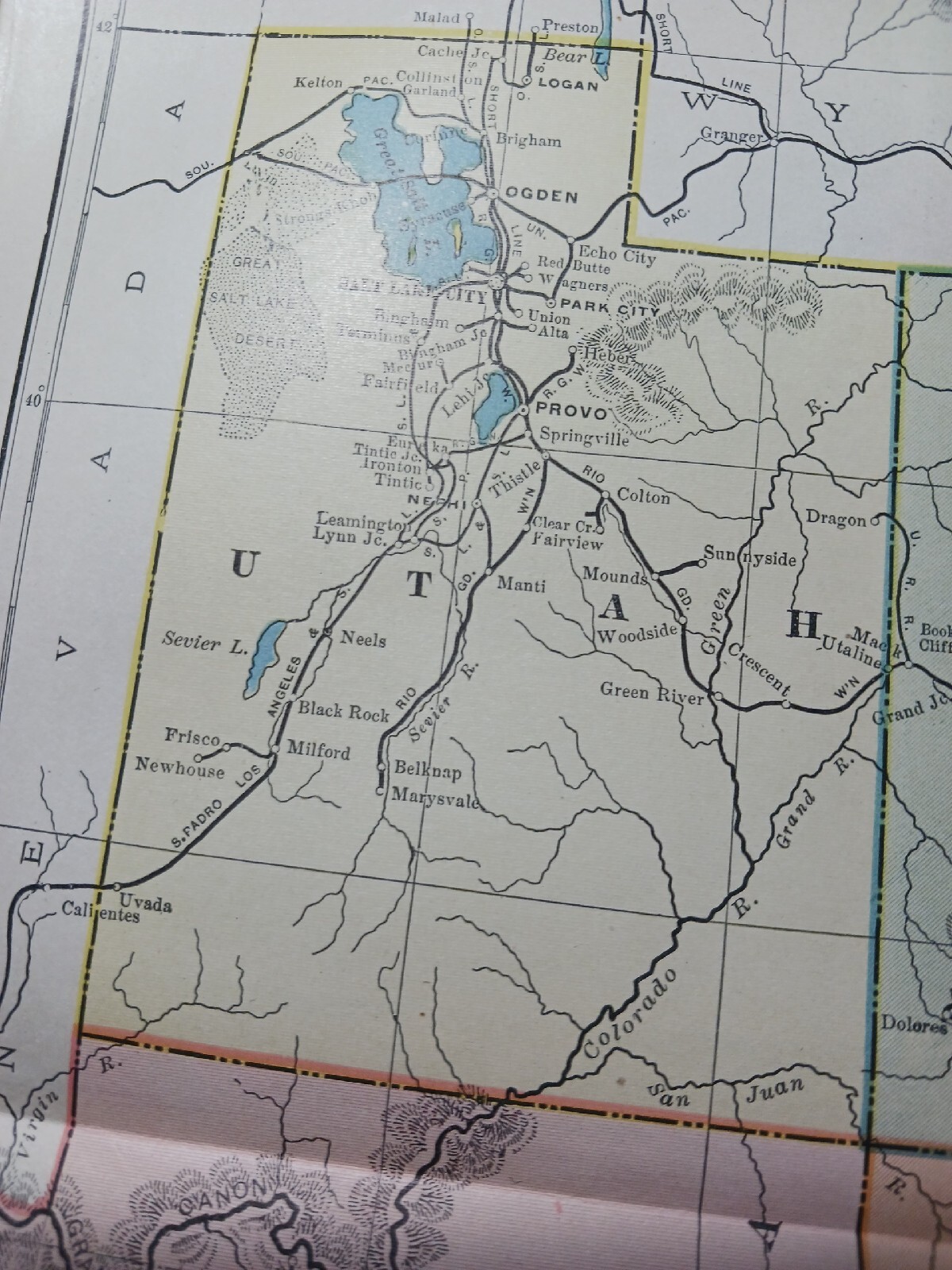 Antique 1909 Railroad Route Map Colorado Utah Arizona all train Lines~ 9 X 11″