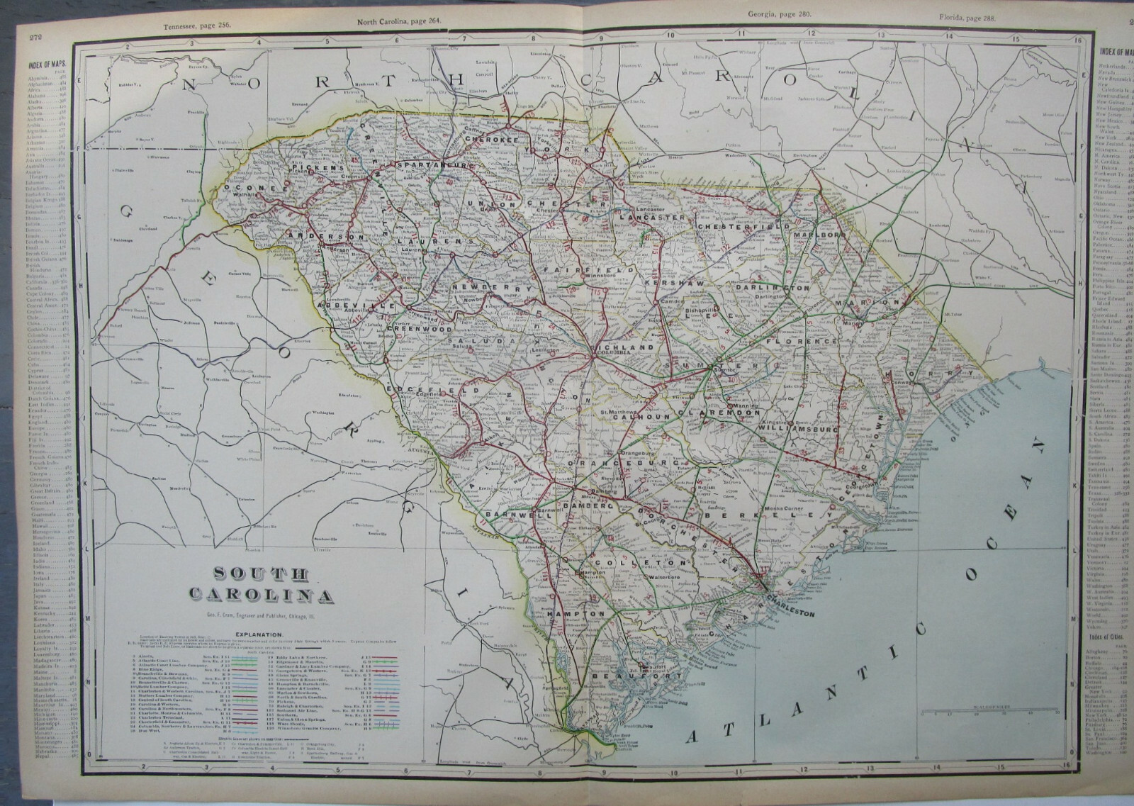 SC 1910 SOUTH CAROLINA Cram INTERURBAN + STEAM RAILROADs Map. EDGEMOOR MANETTA