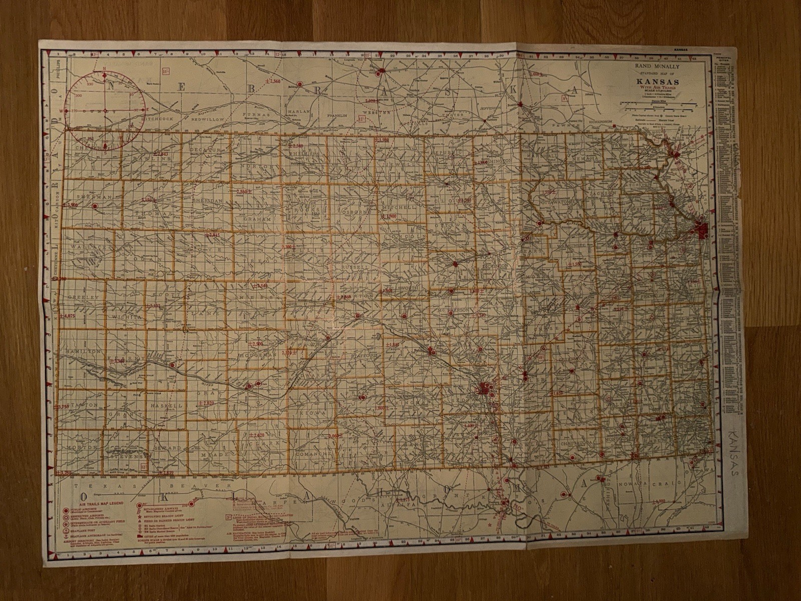 C.1920’s Era Rand McNally Map Of Kansas Air Trails & Railroads 2 Sided Very Rare