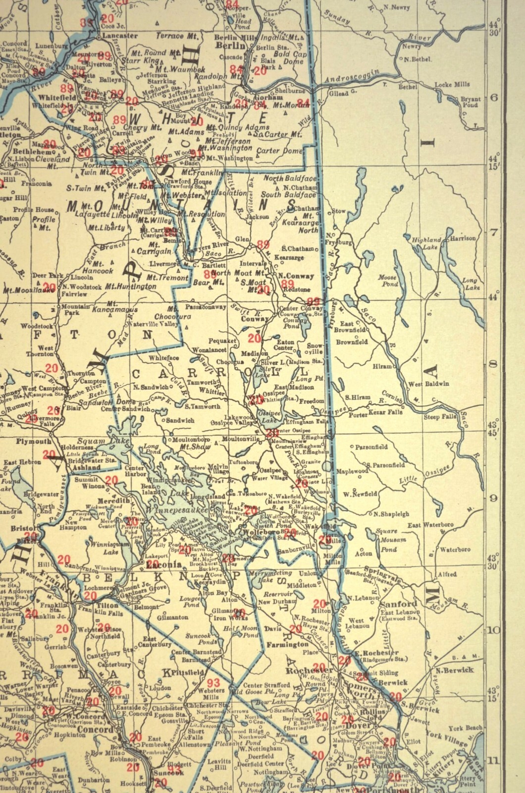 Vintage NEW HAMPSHIRE Railroad Map Vermont Boston & Maine LARGE Original Antique