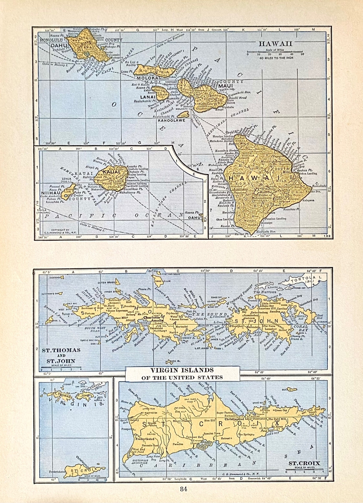 ALASKA, HAWAII & US VIRGIN ISLANDS 1935 County & Railroad Maps. Hammond 9×12″